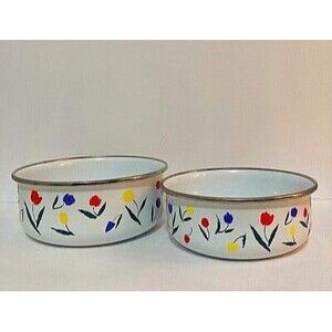 Vintage Kobe Kitchen Enamelware Tulip Tyme Metal Nesting Mixing Bowls Set